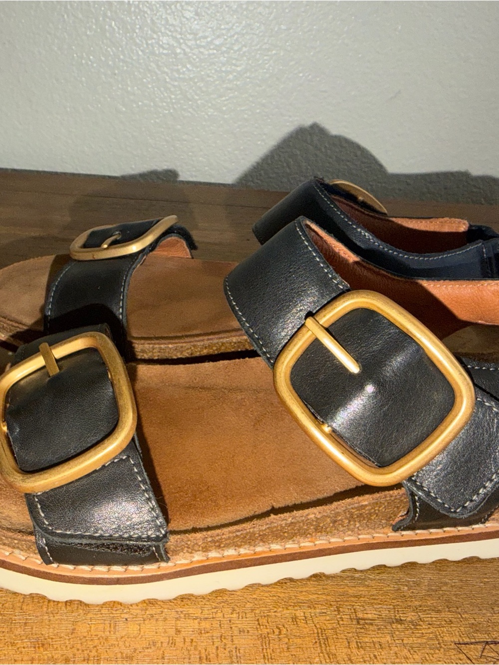 Women’s Black Leather Buckle Sandals with Tan Footbed - Picture 2 of 7